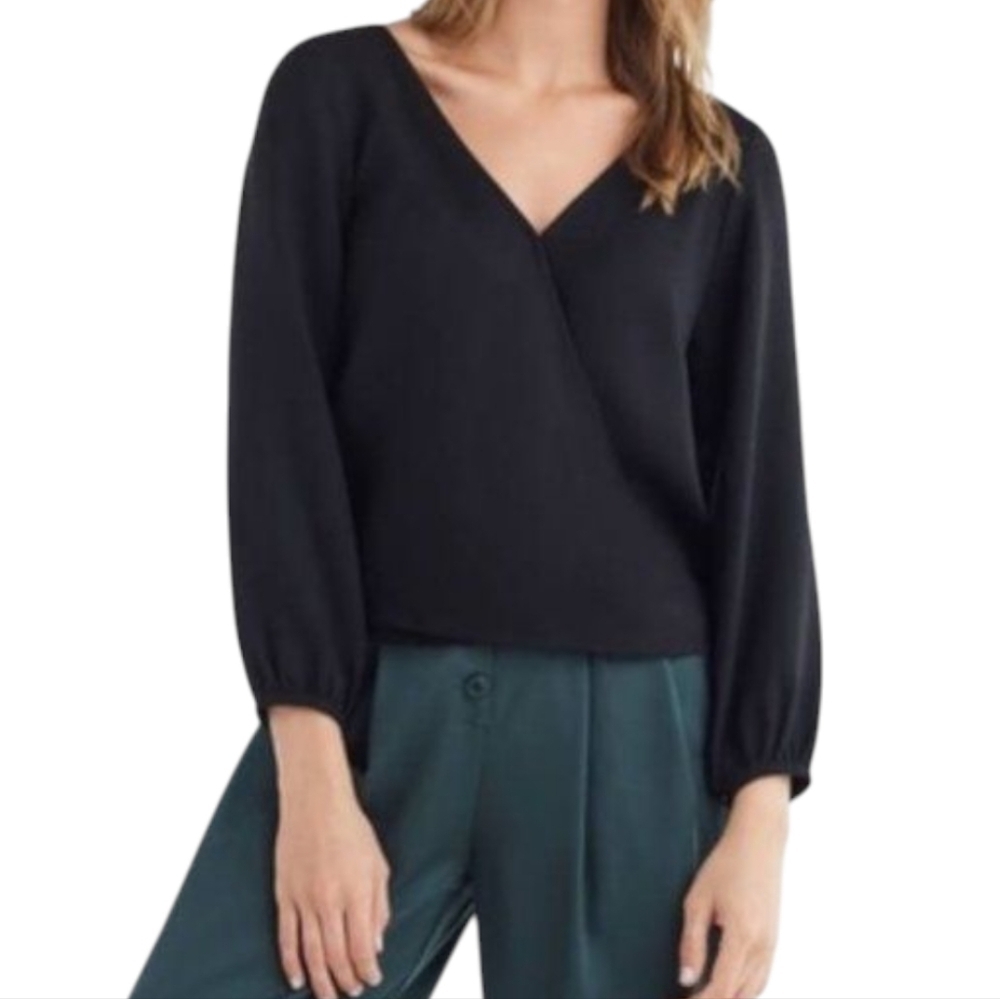 VETTA Gathered Sleeve Wrap Top Women 6 Black Tencel